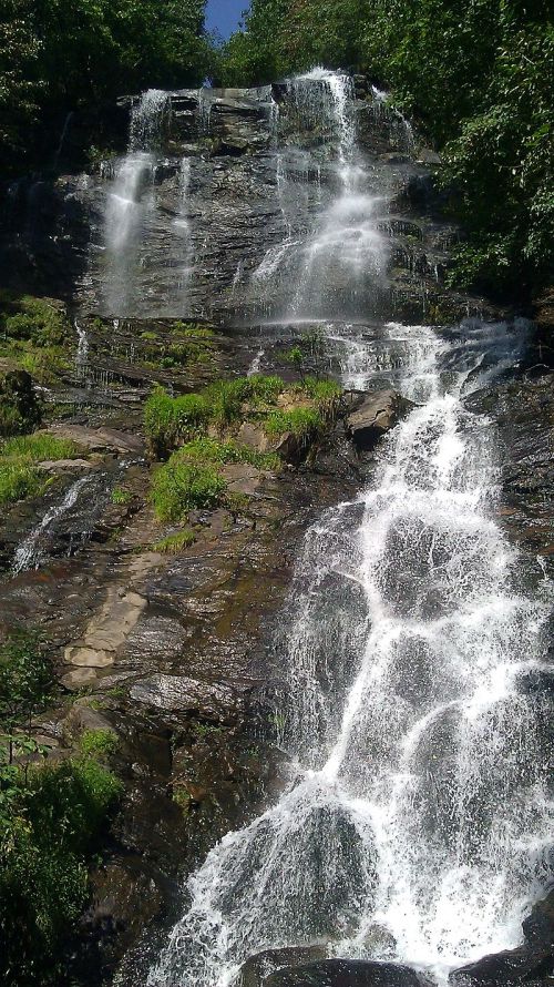 A cascading waterfall flows down rocky cliffs, surrounded by lush greenery and a clear blue sky above.