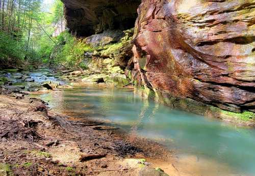 A serene river flows beneath a rocky overhang, surrounded by lush greenery and vibrant rock formations.