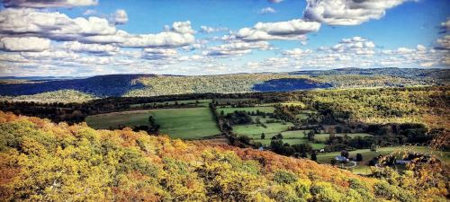 A panoramic view of rolling hills and fields, with vibrant autumn foliage under a blue sky with fluffy clouds.