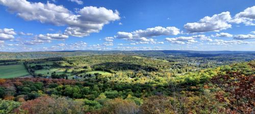 A panoramic view of rolling green hills under a bright blue sky with fluffy white clouds.