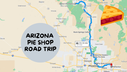 Map showing a road trip route from Phoenix to Berry's Pie Pantry in Arizona, with a pie graphic and trip details.