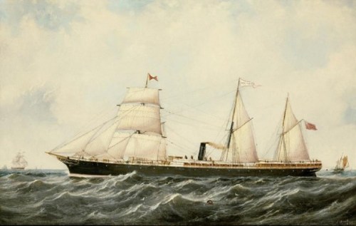 A historic sailing ship with multiple masts and sails, navigating through choppy waters under a cloudy sky.