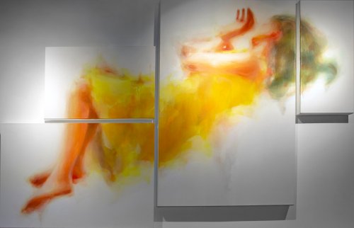 Abstract painting of a reclining figure in a yellow dress, blending soft colors and fluid shapes on multiple canvases.