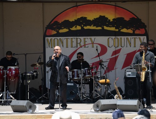 A singer performs on stage with a band at the Monterey County Fair, surrounded by musical instruments and a vibrant backdrop.