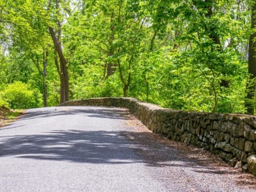 A winding road lined with a stone wall, surrounded by lush green trees and foliage.