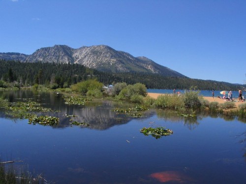 A serene lake surrounded by mountains, with lush greenery and people relaxing on the sandy shore under a clear blue sky.