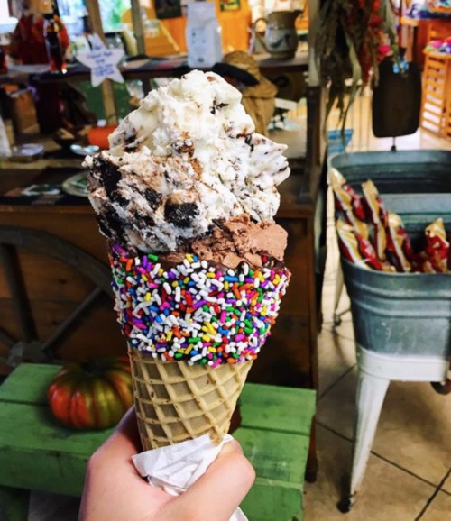 A hand holds a colorful ice cream cone with three scoops: cookies and cream, chocolate, and a sprinkle-covered base.