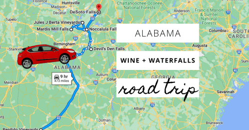 Map showing a road trip route from Huntsville to DeSoto Falls in Alabama, highlighting wine and waterfalls. Red car icon included.