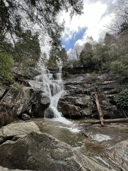 A serene waterfall cascades over rocky cliffs, surrounded by lush greenery and a cloudy sky.