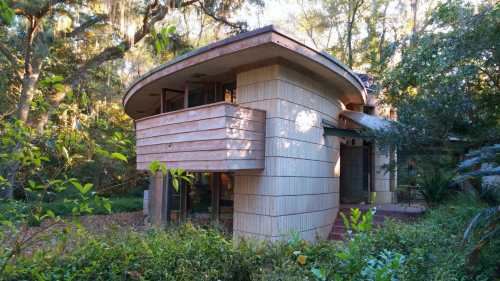 A unique, modernist house surrounded by lush greenery and trees, featuring a curved design and wooden accents.