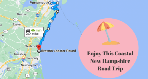 Map showing a coastal road trip route in New Hampshire, highlighting Brown's Lobster Pound and travel time.
