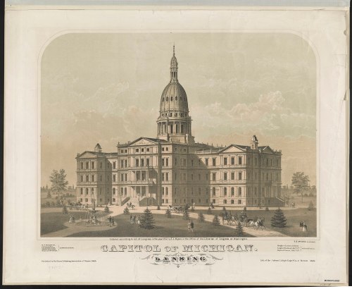 Illustration of the Michigan State Capitol building, featuring its dome and surrounding landscape, labeled "Capitol of Michigan."