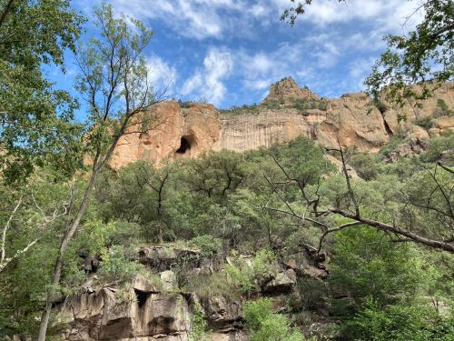 A rocky cliff with a cave opening, surrounded by lush green trees and a blue sky with scattered clouds.