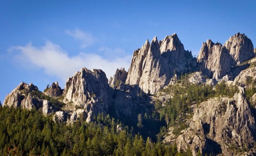 Majestic rocky mountain peaks rise above a dense forest under a clear blue sky.