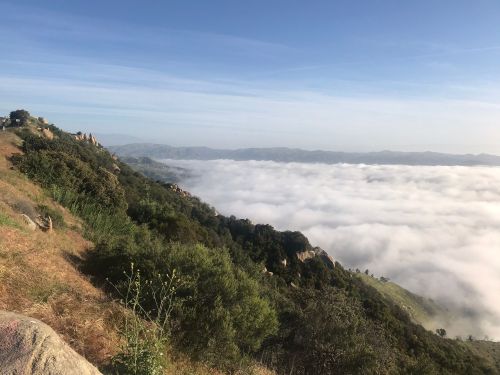 A scenic view of rolling hills above a blanket of clouds under a clear blue sky.