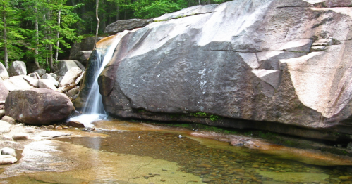 A serene waterfall cascading over a large rock into a calm pool, surrounded by lush green trees.