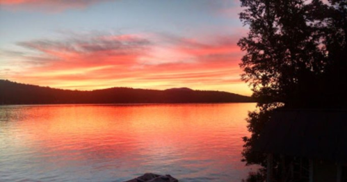 A serene lake at sunset, with vibrant pink and orange hues reflecting on the water and silhouettes of trees in the foreground.