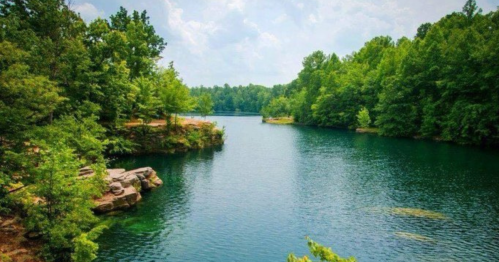 A serene lake surrounded by lush green trees under a partly cloudy sky.