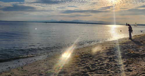 A serene beach scene at sunset, with gentle waves and a person standing on the shore, capturing the moment.