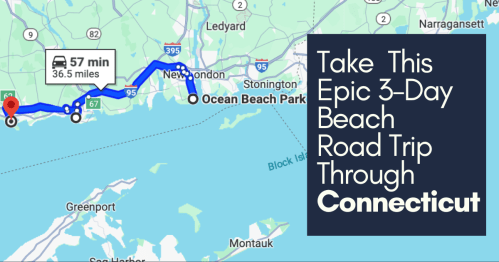 Map showing a 3-day beach road trip route through Connecticut, highlighting Ocean Beach Park and nearby locations.