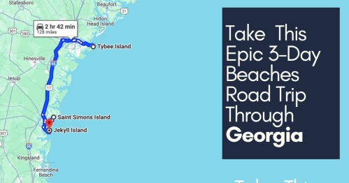 Map showing a 3-day road trip route through Georgia's beaches, highlighting Tybee Island, Jekyll Island, and Saint Simons.
