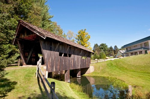 A rustic wooden covered bridge spans a small stream, surrounded by greenery and a modern building in the background.