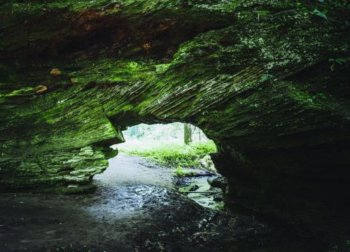 A moss-covered rock formation with a natural arch, leading to a lush, green pathway in a forested area.