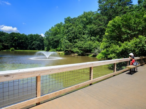 A serene pond with a fountain, surrounded by lush greenery, and a person sitting on a bench enjoying the view.