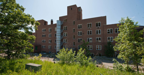 Abandoned brick building surrounded by overgrown grass and trees under a clear blue sky.