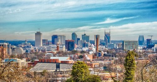 A panoramic view of a city skyline featuring tall buildings and a clear blue sky. Green trees are in the foreground.