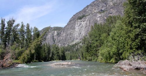 A serene river flows through a forested area, with a rocky mountain in the background under a clear blue sky.