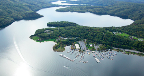 Aerial view of a serene lake surrounded by green hills, featuring a marina with boats and a winding shoreline.