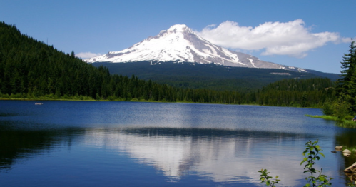 A serene lake reflects a snow-capped mountain surrounded by lush green forests under a clear blue sky.