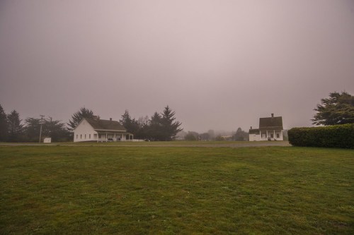 Two white houses stand in a foggy landscape, surrounded by green grass and trees, creating a serene, mysterious atmosphere.