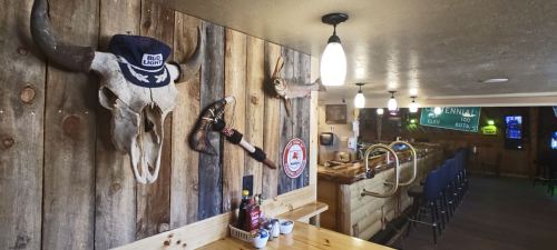 Rustic bar interior featuring wooden walls, a bull skull, and various decor items, with a bar counter and stools in view.