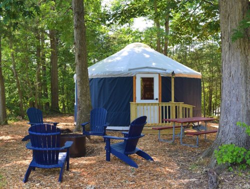 A cozy yurt surrounded by trees, with blue chairs and a picnic table nearby, set in a natural outdoor setting.