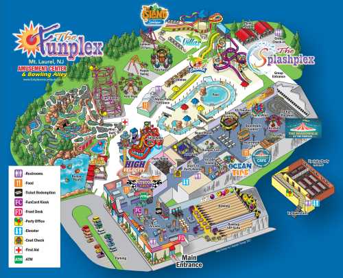 Map of The Funplex amusement center in Mt. Laurel, NJ, featuring rides, attractions, dining, and bowling areas.