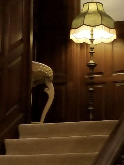 A warmly lit lamp beside a decorative table on a staircase with wooden paneling.