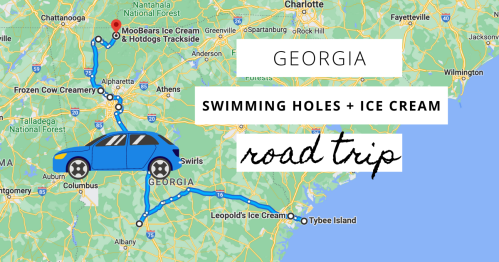 Map of Georgia highlighting a road trip route to swimming holes and ice cream spots, featuring a blue car icon.