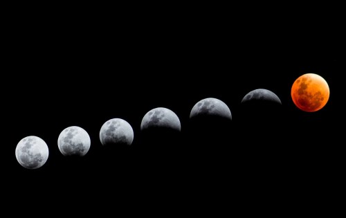 A sequence of lunar phases, showing the moon transitioning to a blood moon against a black background.