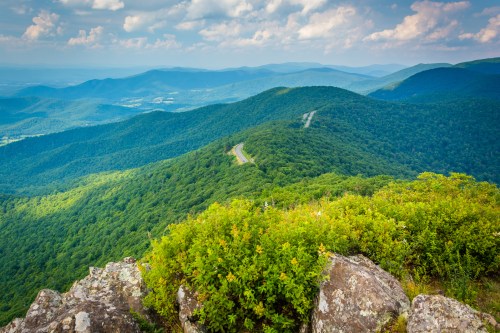 A scenic view of rolling green mountains under a cloudy sky, with a winding road visible in the distance.
