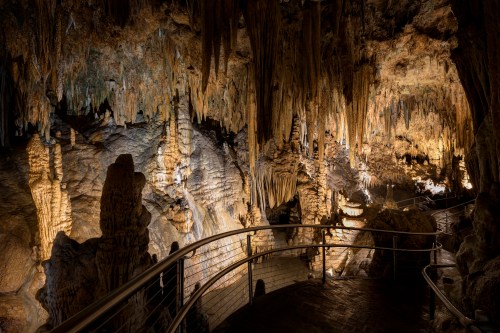 A dimly lit cave interior with stalactites and stalagmites, featuring a winding walkway for visitors.