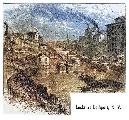 Illustration of the Locks at Lockport, NY, featuring buildings, boats, and a canal under a cloudy sky.