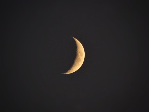 A close-up view of a crescent moon against a dark sky.