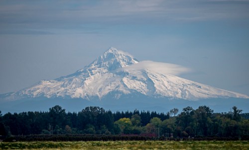 Snow-capped mountain peak under a cloudy sky, surrounded by green trees and fields.