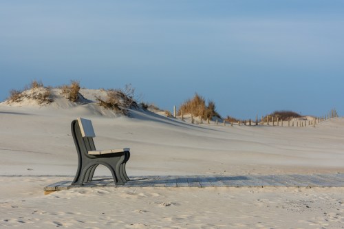 A solitary bench on a wooden platform overlooking a sandy beach and dunes under a clear blue sky.