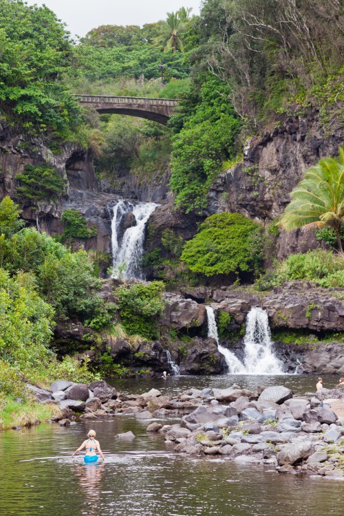 A serene landscape featuring waterfalls cascading into a rocky stream, surrounded by lush greenery and a bridge above.