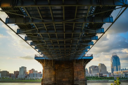 View from beneath a bridge, showcasing its structure with a city skyline in the background under a cloudy sky.