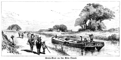 Illustration of a grain boat on the Erie Canal, with horses pulling it along a tree-lined waterway.