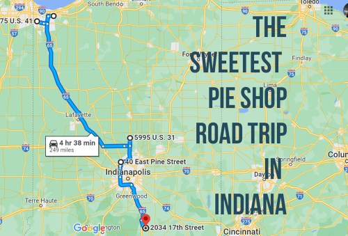 Map showing a road trip route in Indiana to "The Sweetest Pie Shop," highlighting key locations and distance.